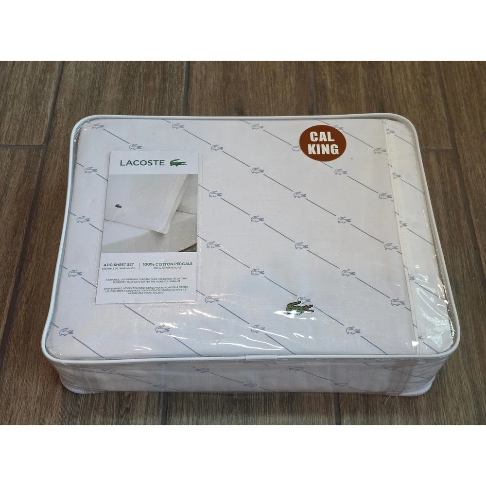 Lacoste Cal King Sheet Set 4pc 100% Cotton Percale Diagonal Crocs Steel Blue NEW